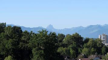 A residential area with houses and a mountain range in the background.