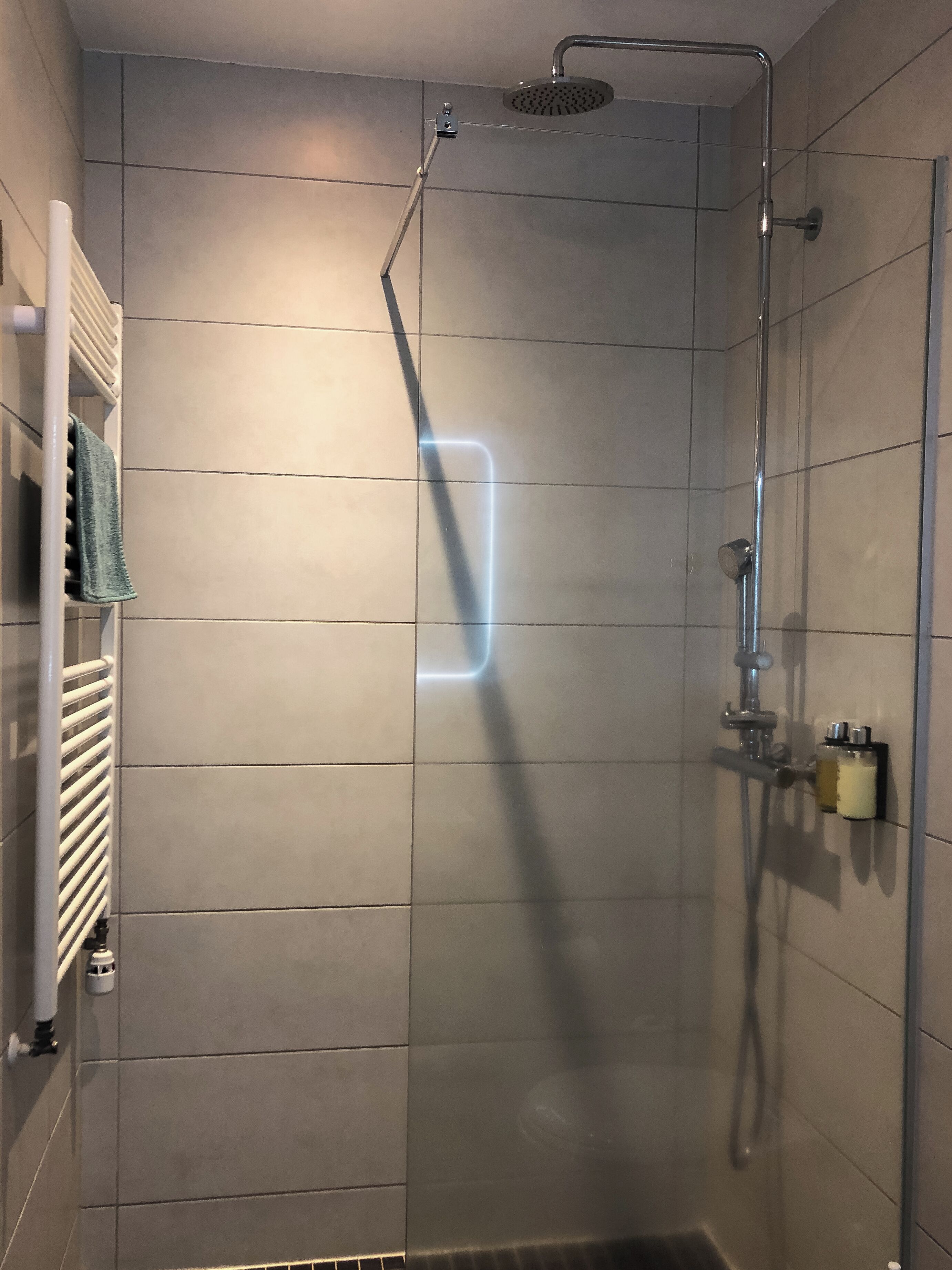 Suihkussa on käsisuihkupää ja seinään asennettu hana.