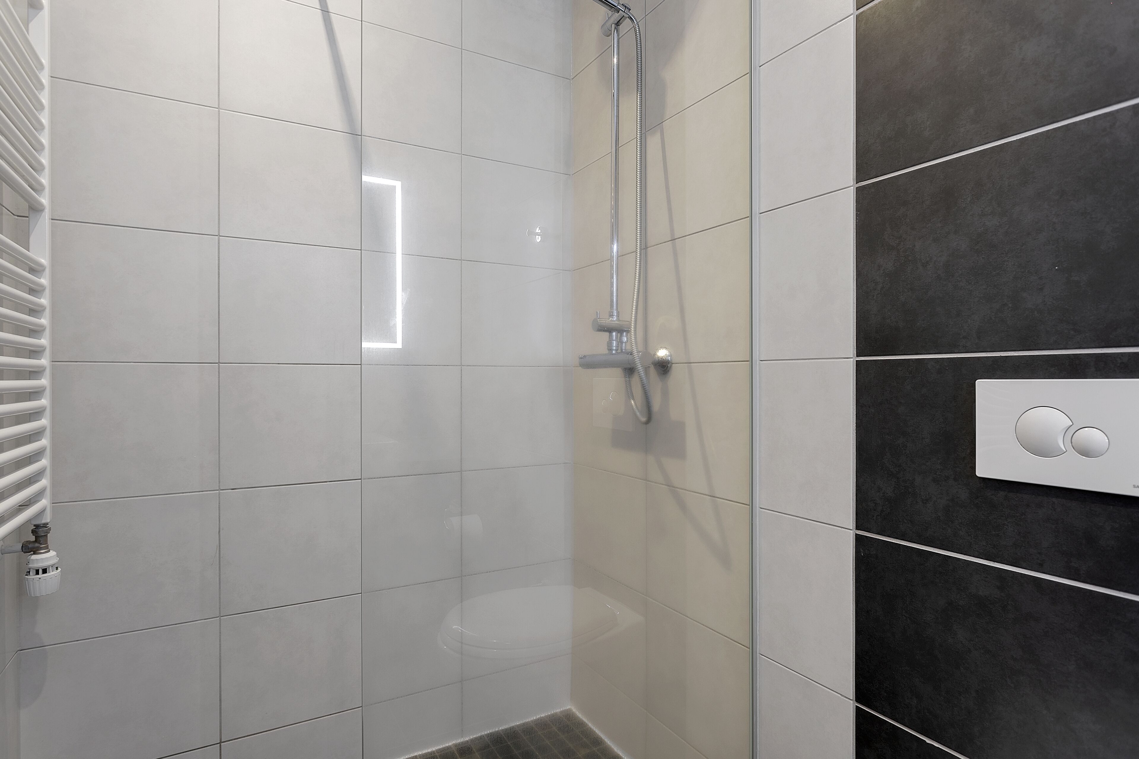 Une salle de bain moderne avec une douche à parois de verre, des carreaux blancs et gris foncé, des toilettes apparentes et un panneau de commande.