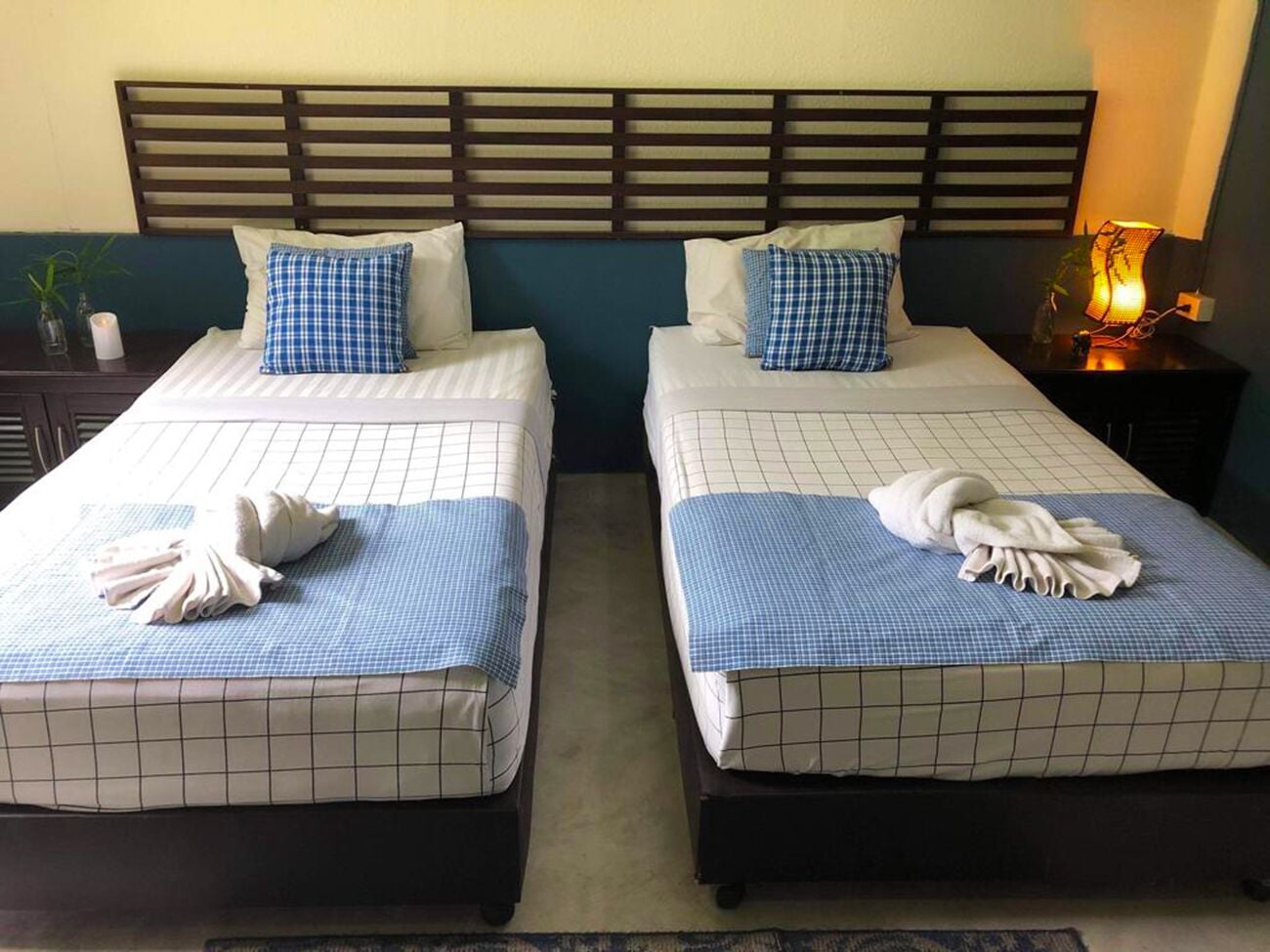 Two twin beds with blue and white checkered bedding, a wooden headboard, and a bedside lamp.