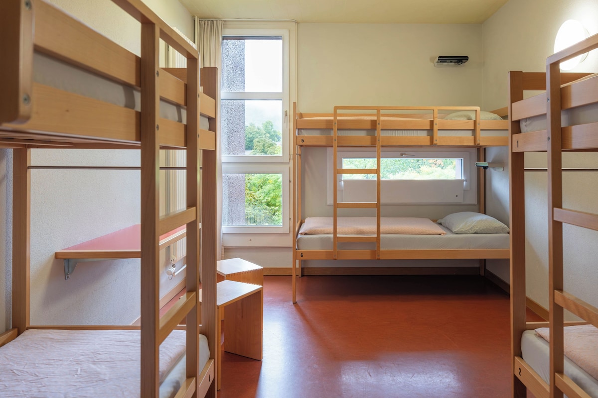 A dormitory room with bunk beds, a window, and a desk.