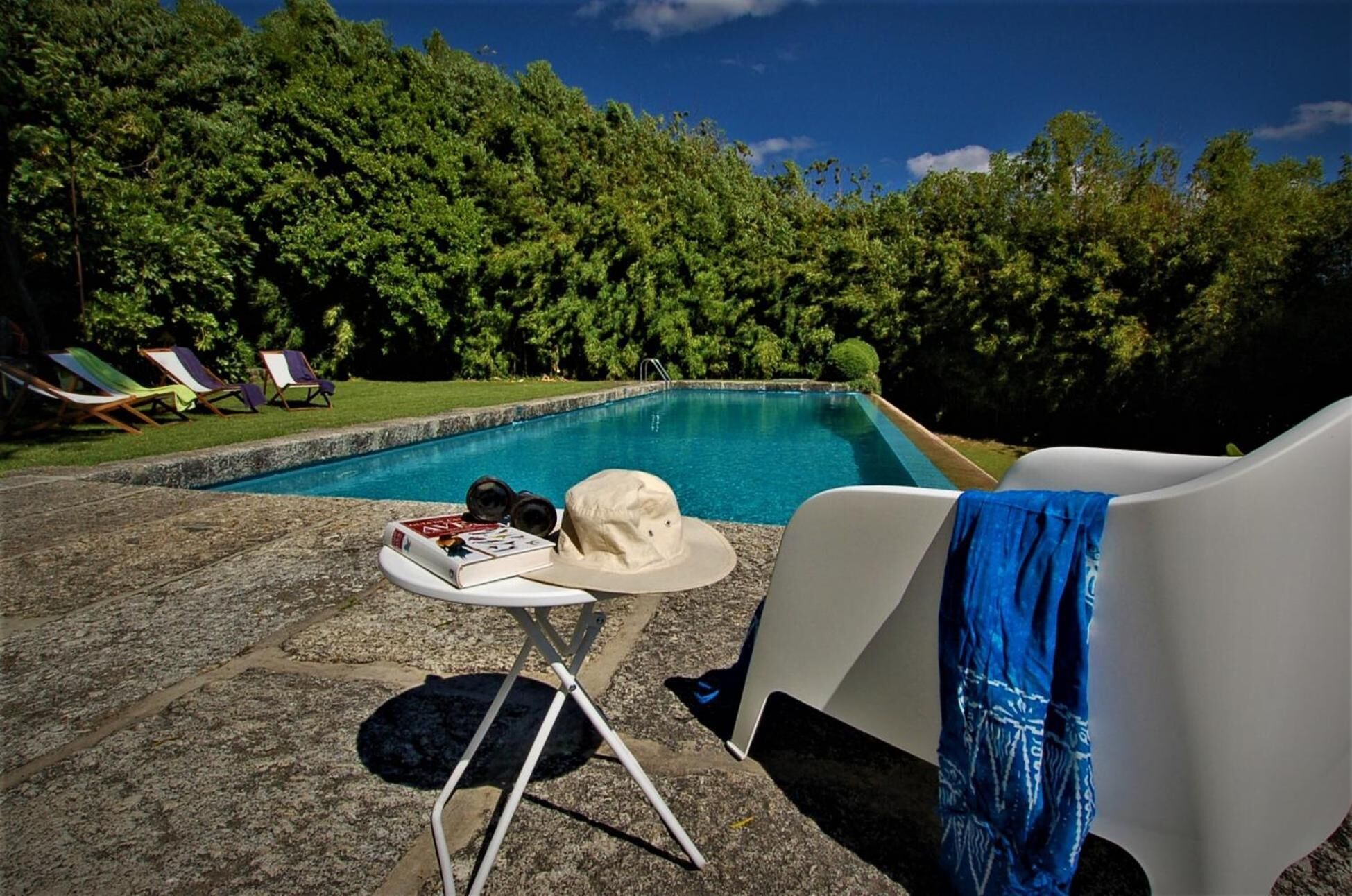 Un espace aménagé au bord de la piscine, avec des chaises longues, une table sur laquelle sont posés des livres et un chapeau, et une vue sur une zone boisée.