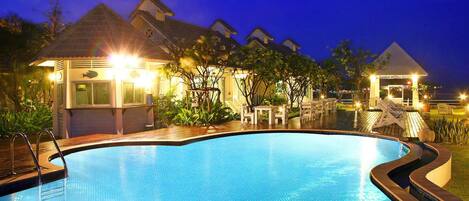 Outdoor pool, pool umbrellas, pool loungers