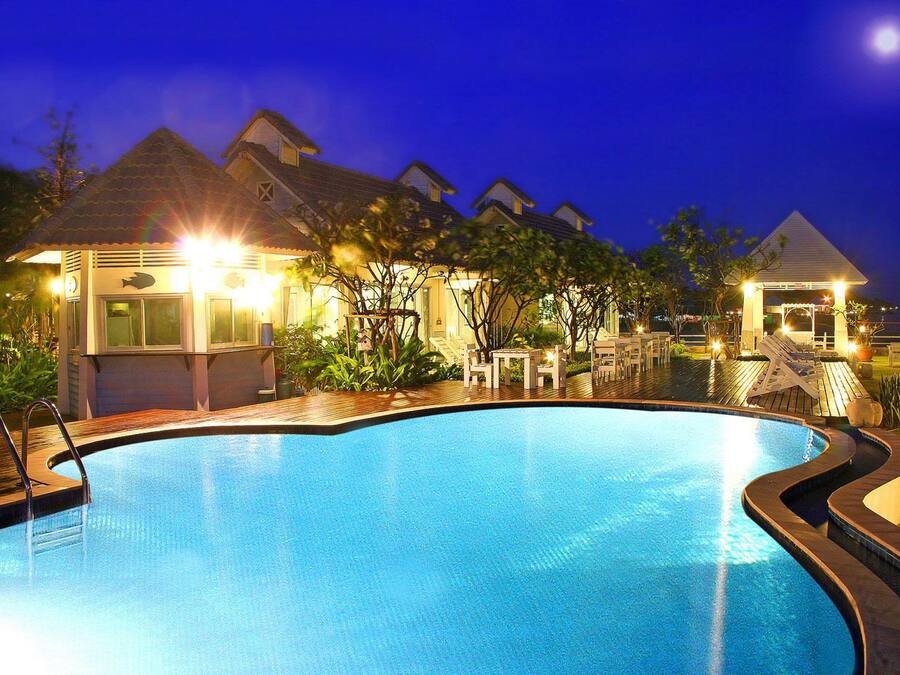 Outdoor pool, pool umbrellas, pool loungers