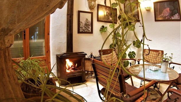 A cozy room with a wood-burning stove, wooden chairs, a table, and potted plants. - Hostal Marqués de Zahara (Zahara de la Sierra)
