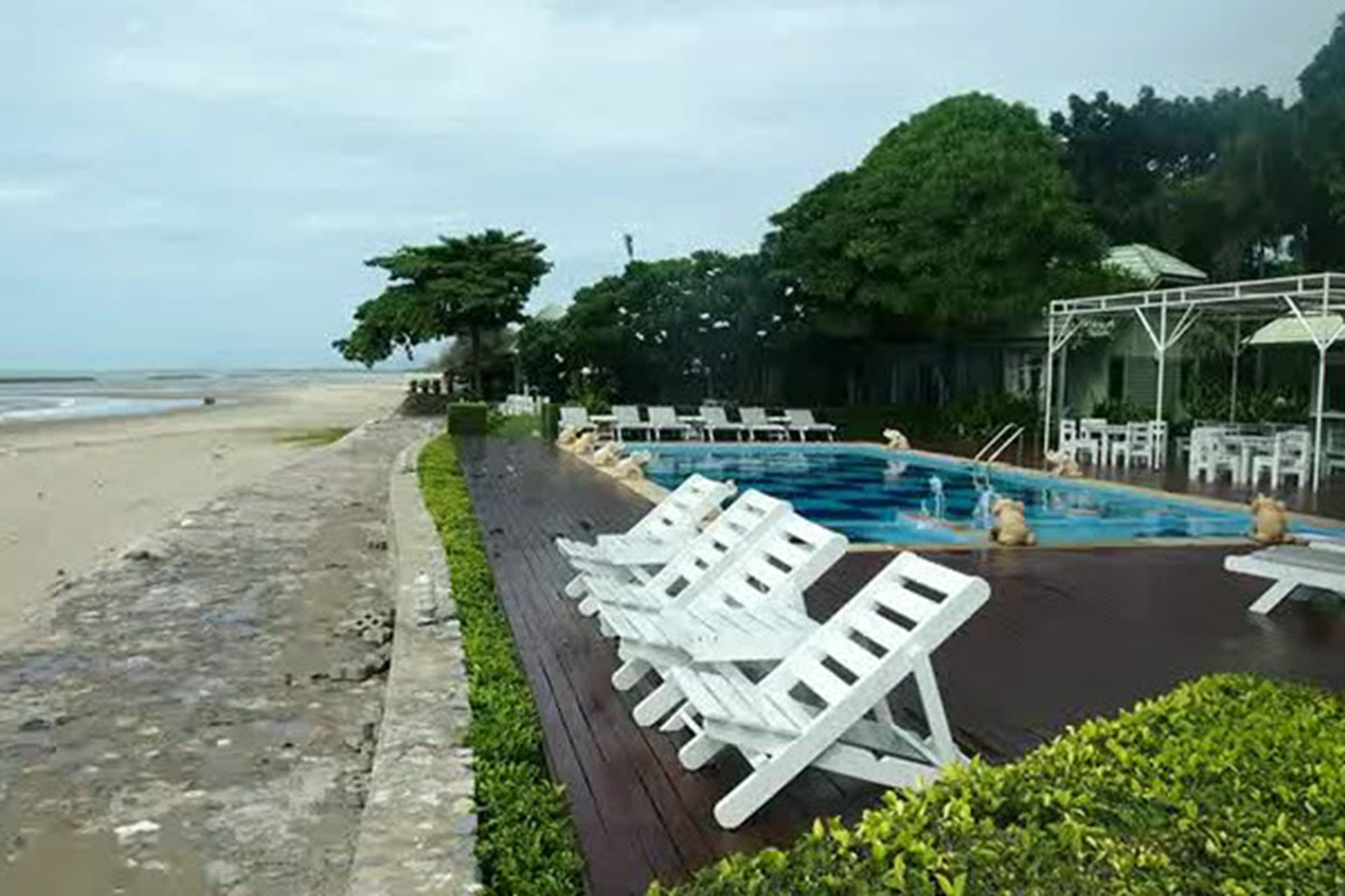 Un área de piscina con sillas de descanso y una zona de estar cubierta.