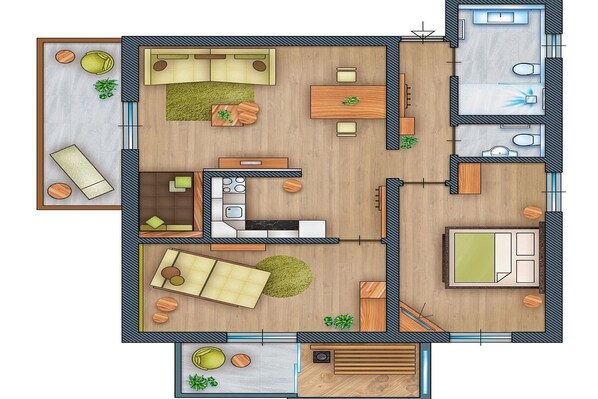 A floor plan of a hotel room with a living area, kitchenette, bathroom, and a small balcony.