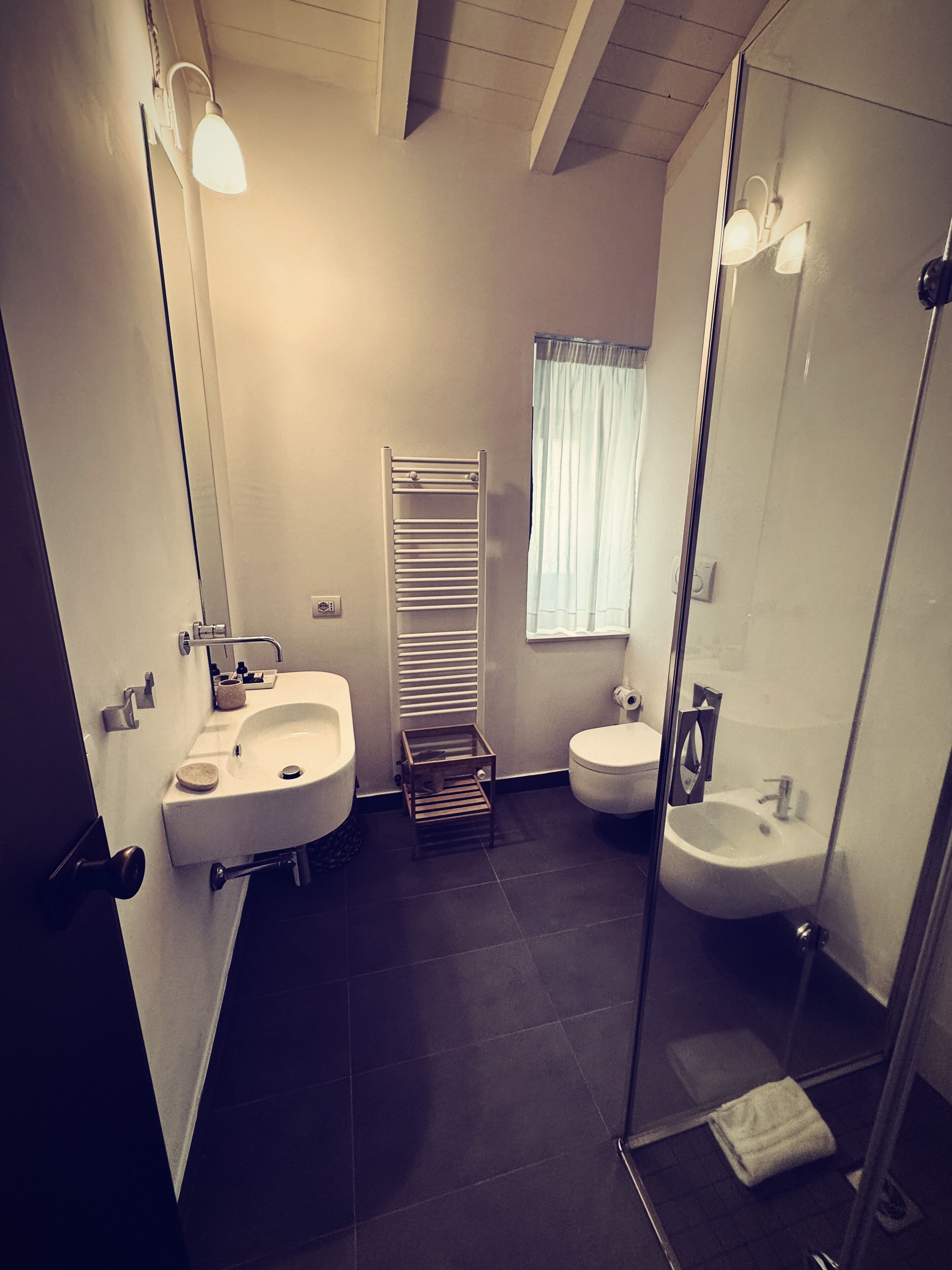 A modern bathroom with two sinks, a toilet, a glass shower enclosure, and a towel rack.