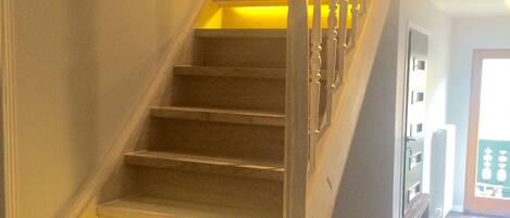 A staircase with a handrail and steps.