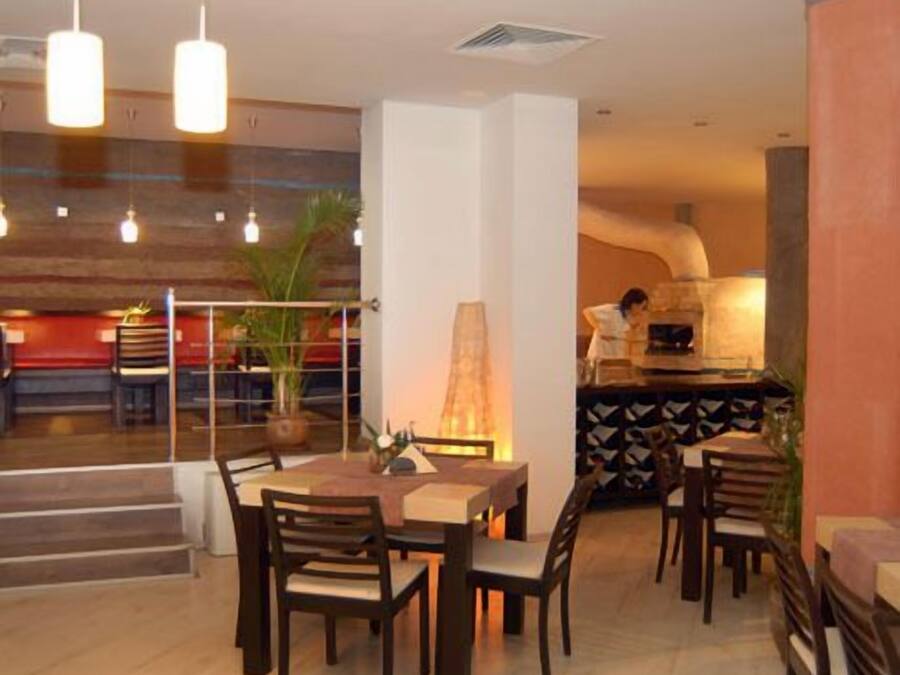 A dining area with a round table and chairs, a potted plant, and a kitchen in the background.