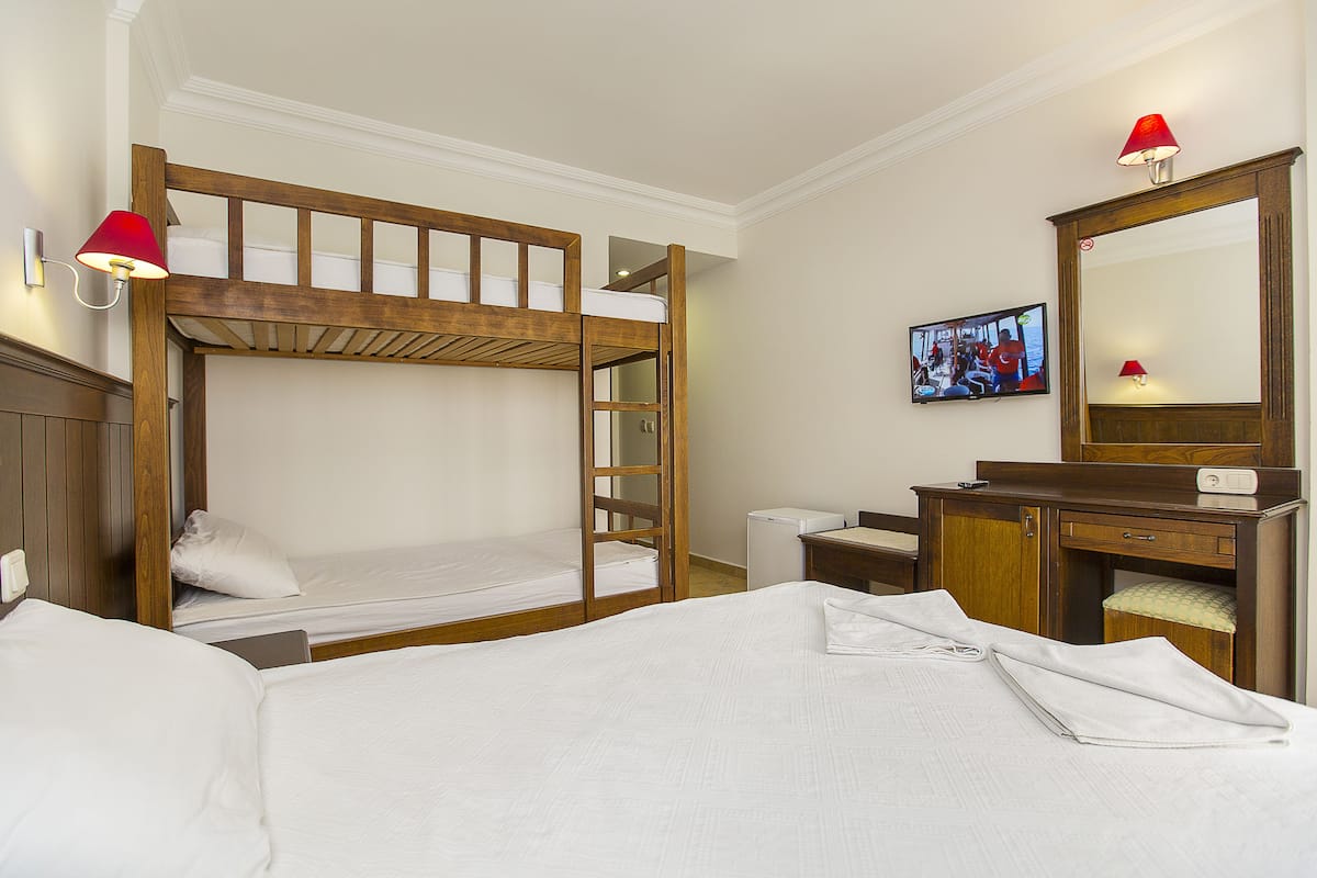 A hotel room with a bunk bed, a desk with a chair, a television, and a mirror.