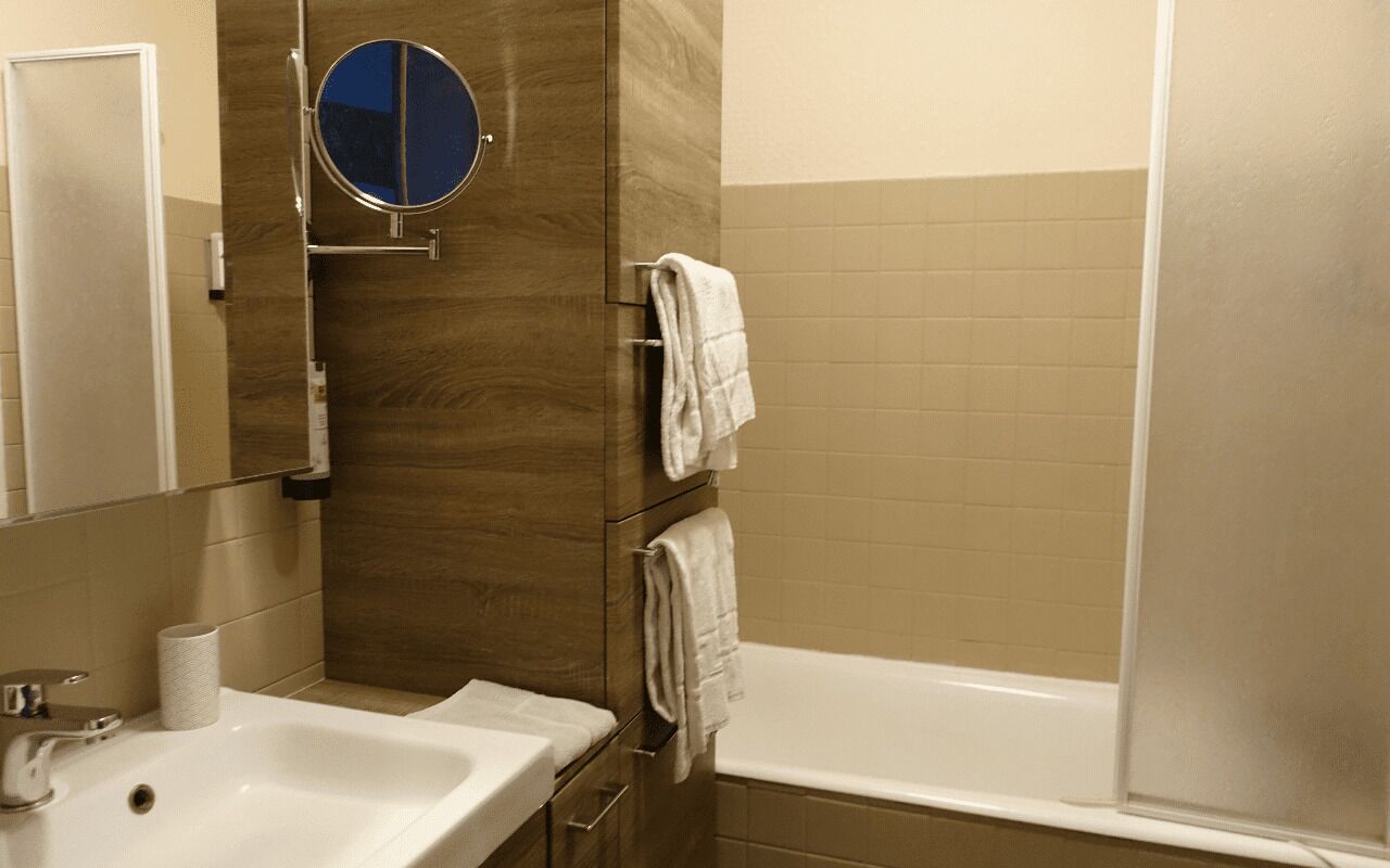 classic apartment | bathroom | shower, free toiletries, hair dryer, towels