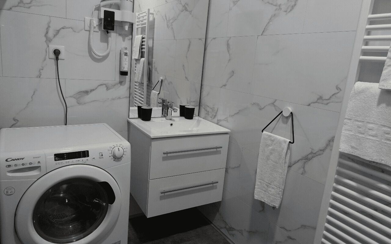 Ein kleines Badezimmer mit Waschmaschine, Waschtisch inklusive Spiegel und einem Handtuchhalter.