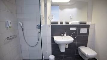 A modern bathroom with a glass shower enclosure, a white sink, a toilet, and a mirror above the sink.