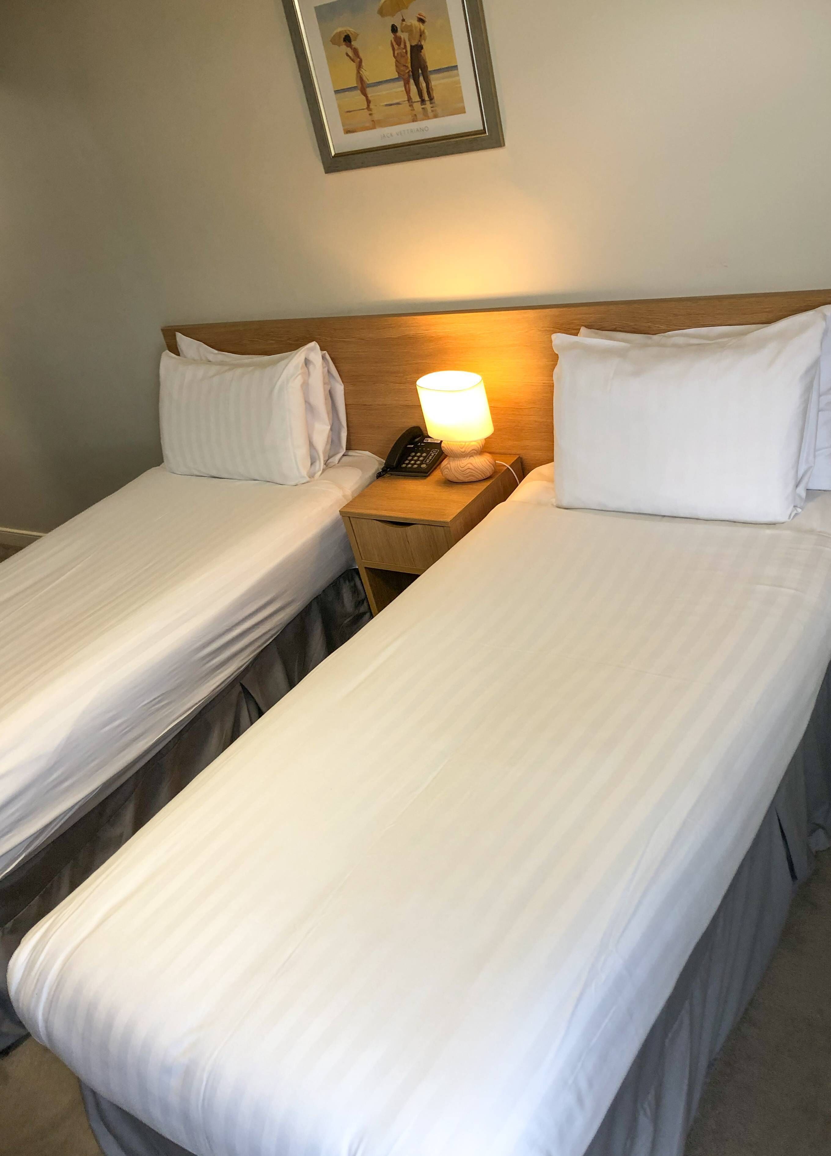 A hotel room with two single beds, a nightstand with a lamp, and a framed picture on the wall.