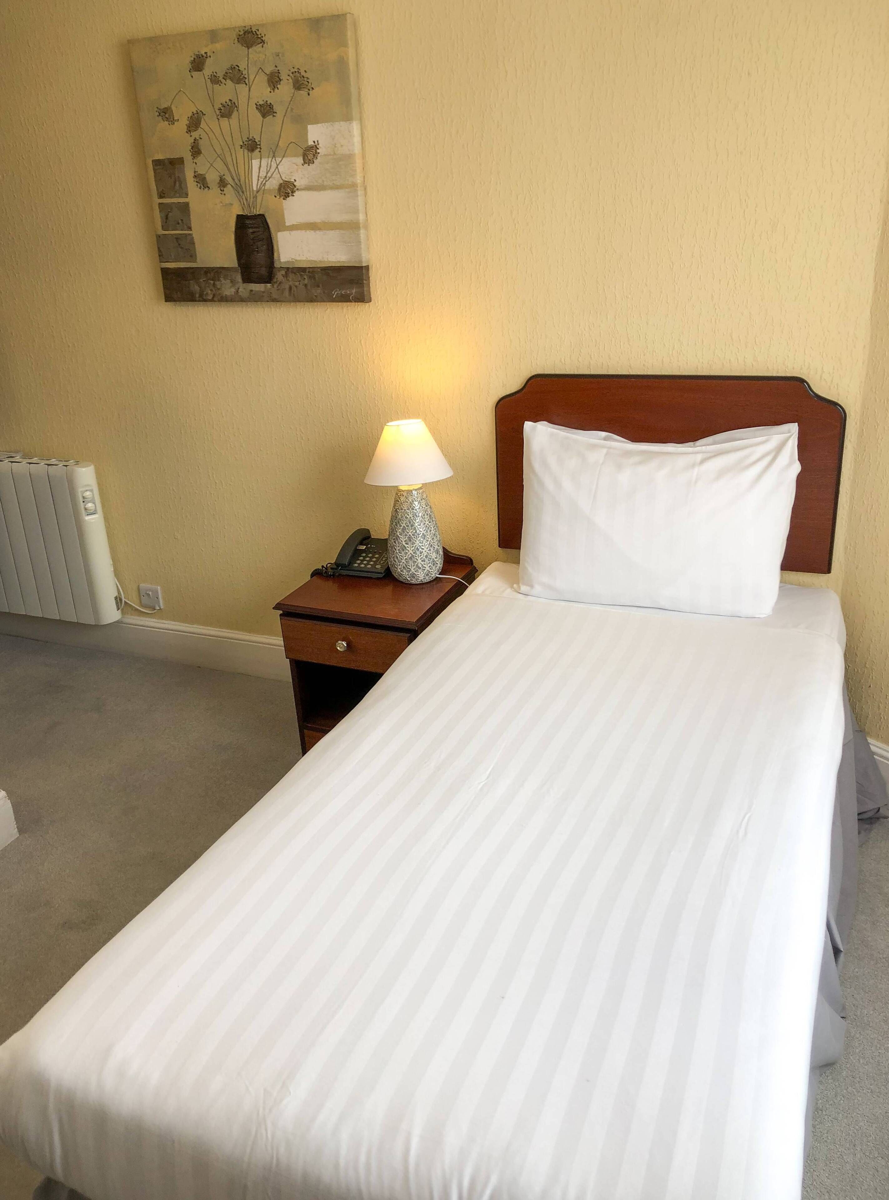 A hotel room with a single bed, a bedside lamp, a telephone, and a painting on the wall.