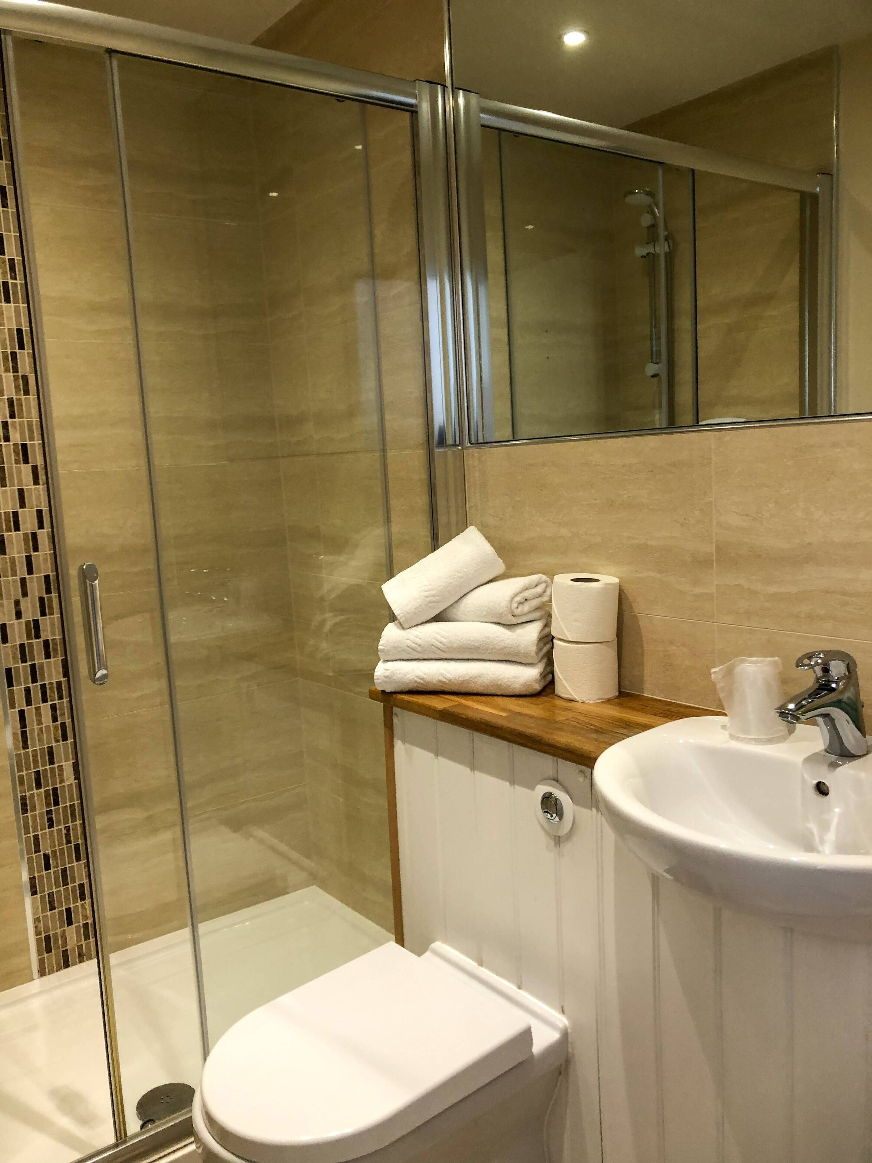 A modern bathroom with a glass-enclosed shower, a white toilet, and a sink with a mirror above it.
