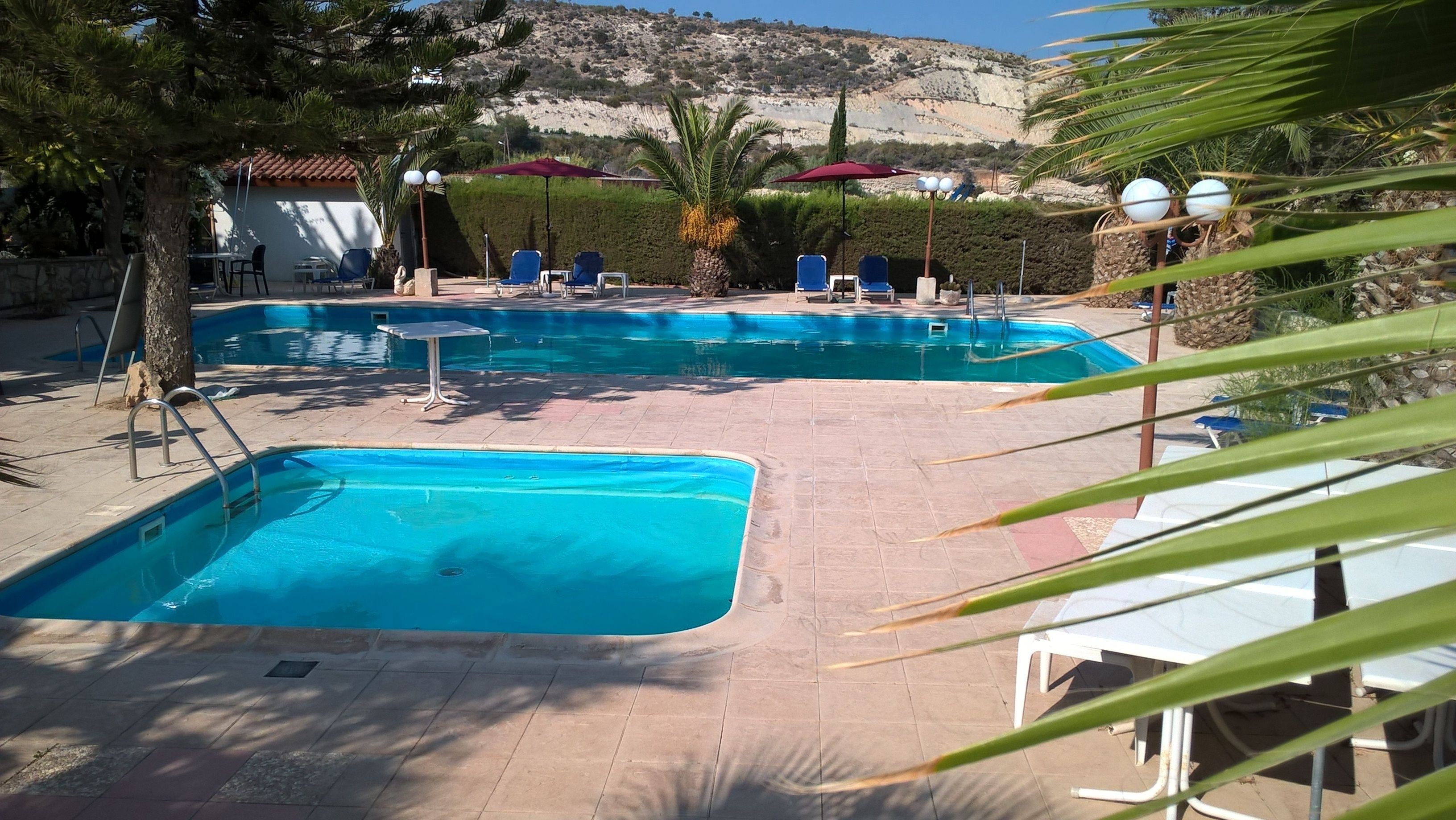 A swimming pool with lounge chairs and umbrellas, surrounded by trees and a mountainous backdrop.