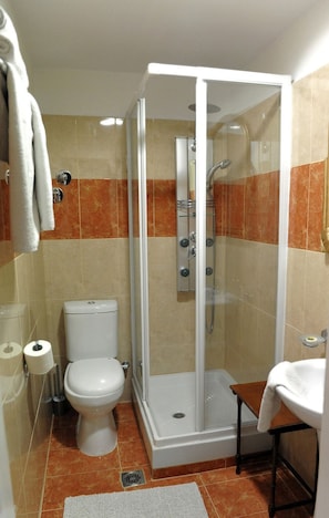 Shower, free toiletries, hair dryer, towels