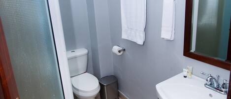 Une salle de bain équipée de toilettes, d’un lavabo et d’une porte de douche en verre.
