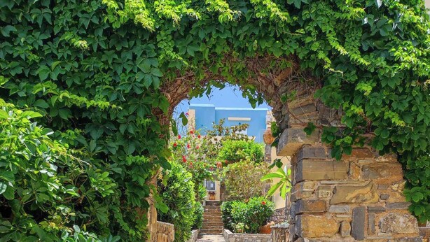 A stone staircase leading up to a building, surrounded by lush greenery and a stone wall. - Sissi Mare Apartments (Agios Nikolaos)