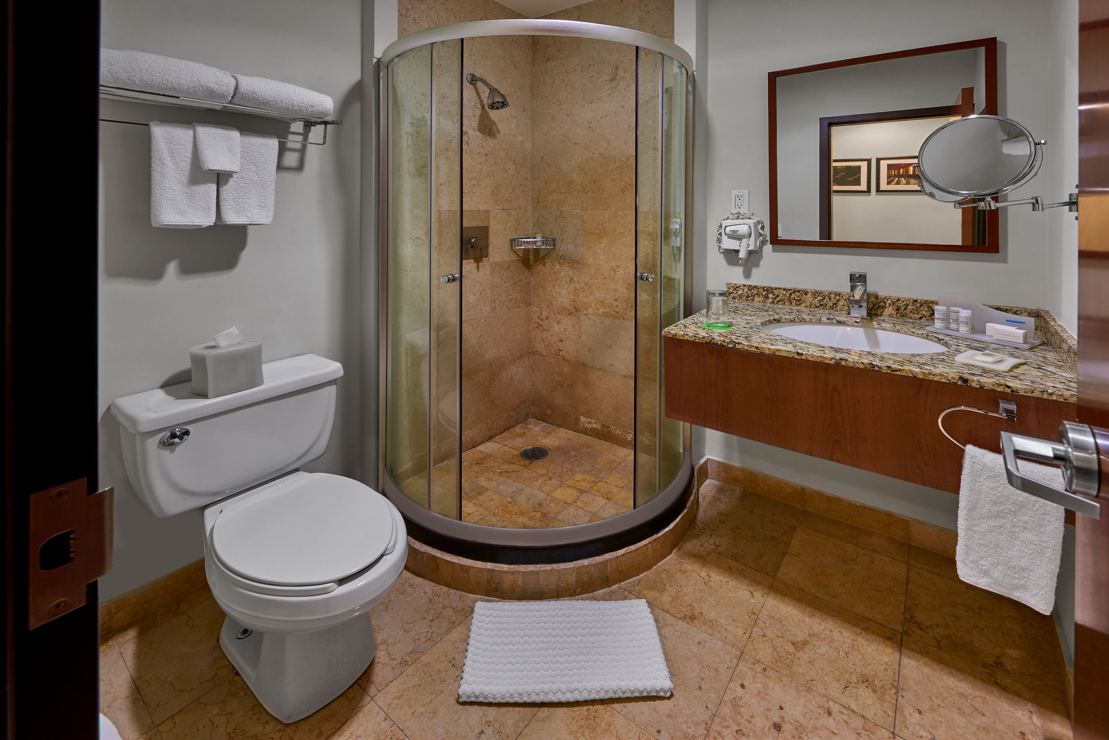 Shower, free toiletries, hair dryer, towels