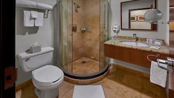 Shower, free toiletries, hair dryer, towels