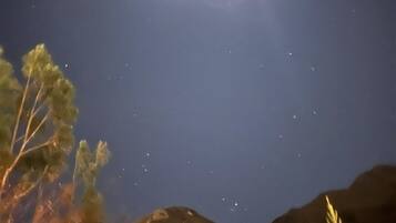 A night sky with a bright moon and stars, surrounded by rocky terrain and sparse vegetation.
