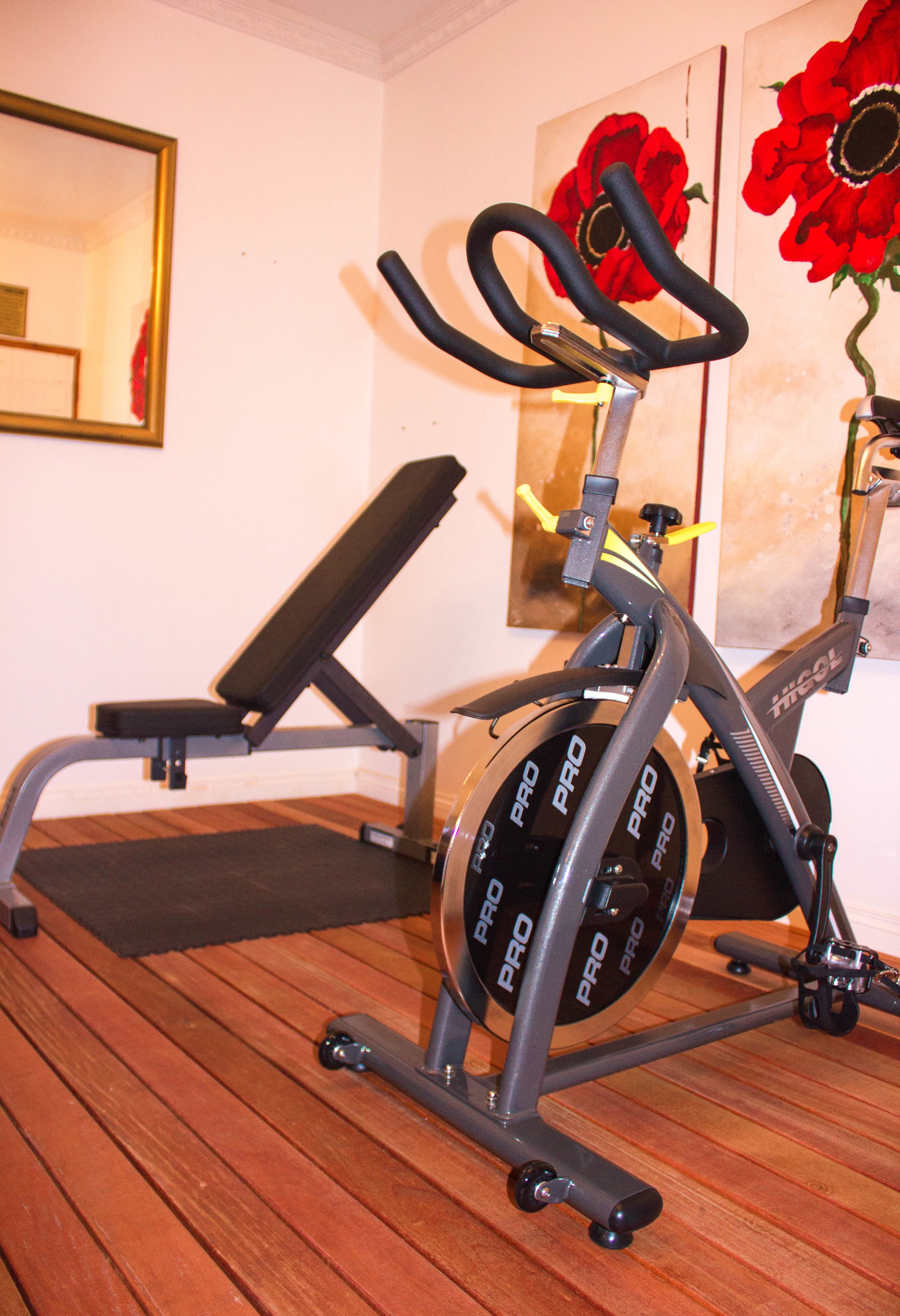 A stationary bike with "PRO" branding, a bench, and a mirror on the wall.