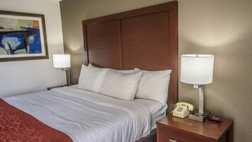 A hotel room with a large bed, two bedside lamps, a bedside telephone, and a painting on the wall.