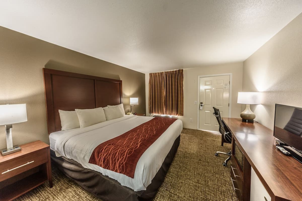 A hotel room with a bed, bedside tables, a desk, a chair, a TV, and a door.