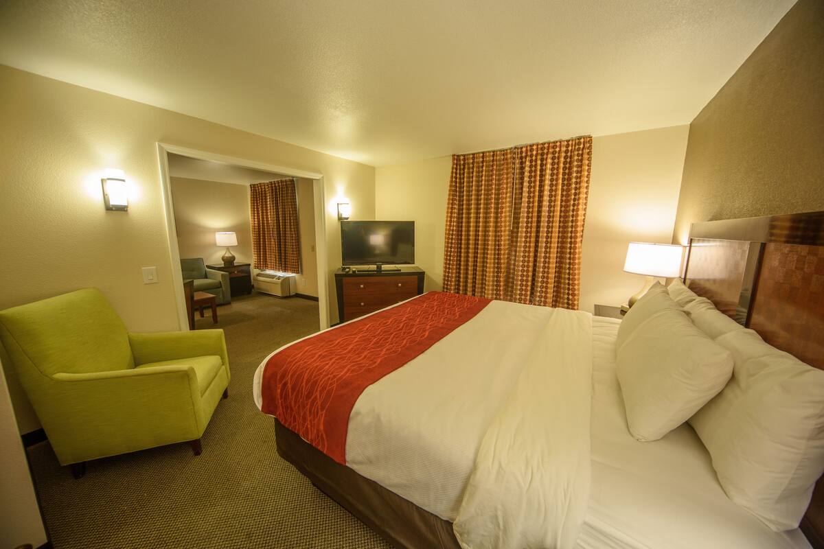 A hotel room with a bed, a green armchair, a television, and a desk with a lamp.