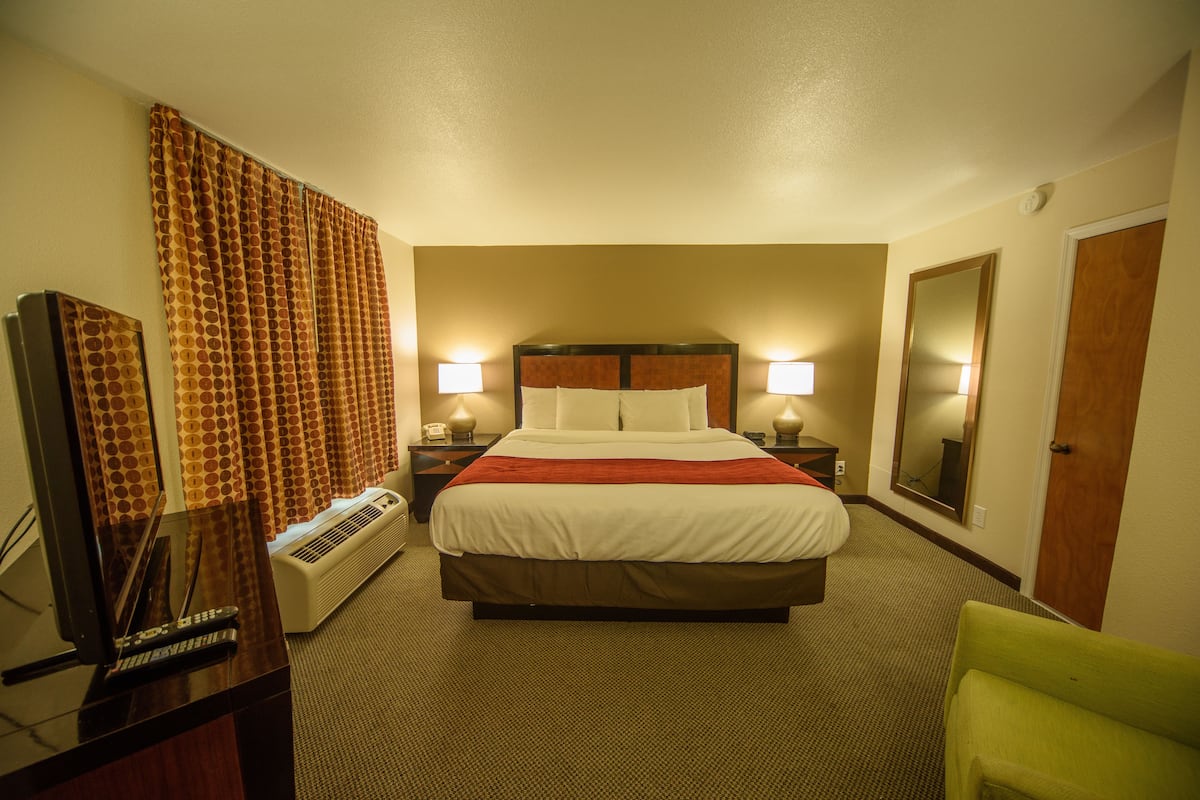 A hotel room with a large bed, a television, a mirror, and a green chair.