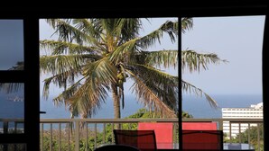 Een balkon met uitzicht op de oceaan en een palmboom.