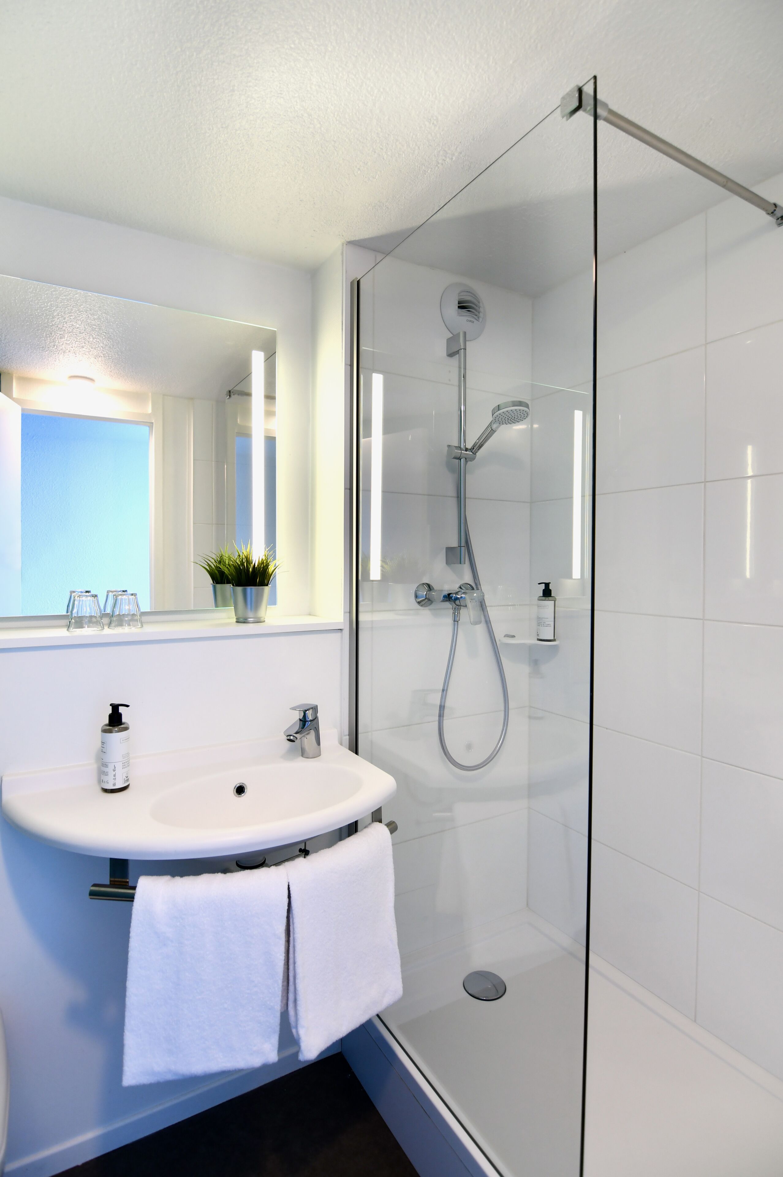 eco-friendly toiletries, hair dryer, towels