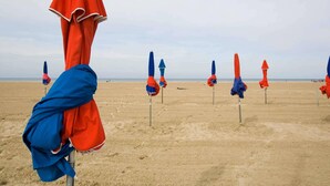 A beach with rows of beach umbrellas. - ibis budget Deauville (Saint-Arnoult)
