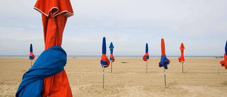 Una playa con hileras de sombrillas.