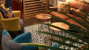 Een gezellige zithoek met een bank, stoelen en een kleine tafel, omringd door potplanten en een kamerbreed tapijt.