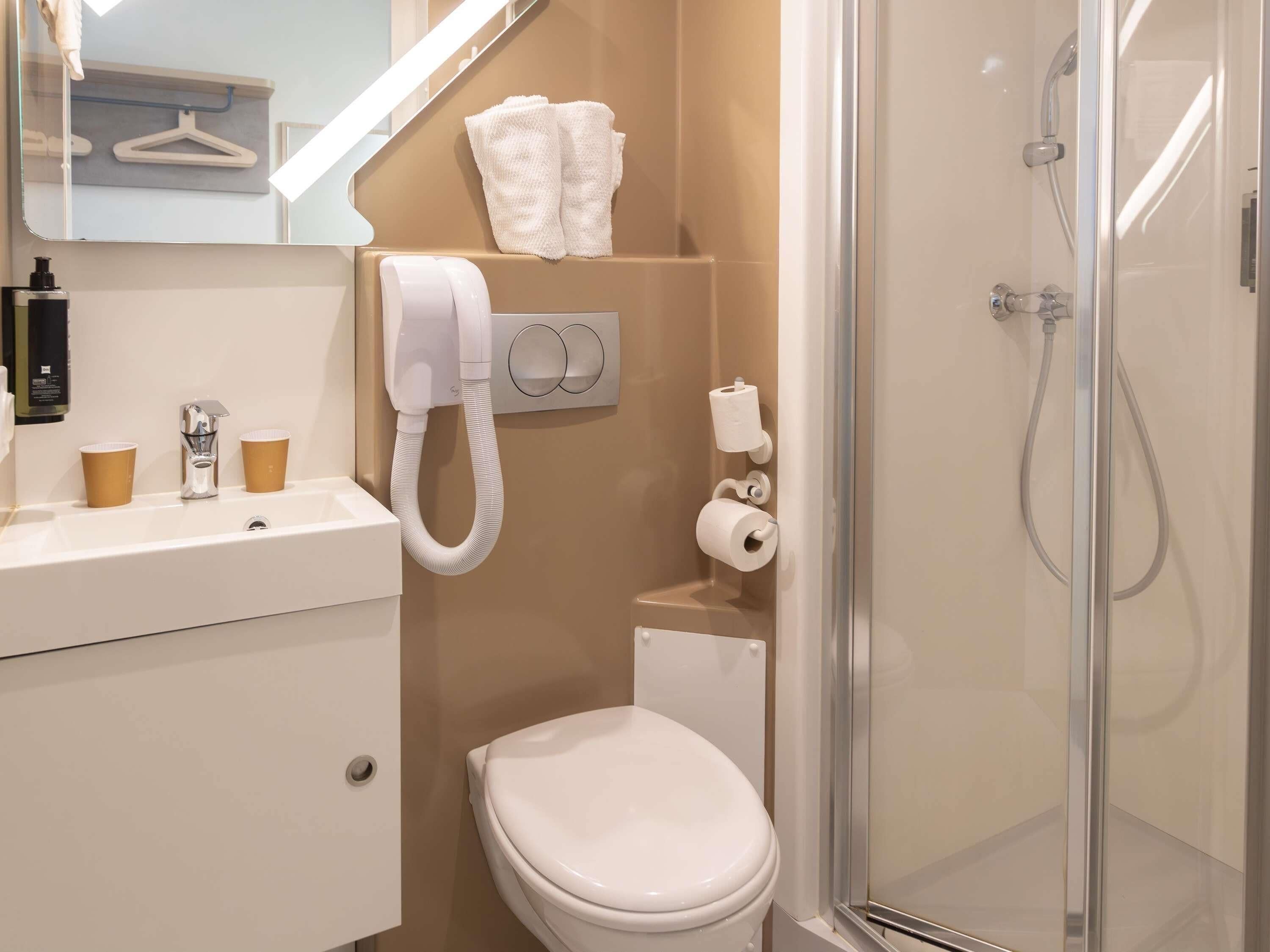 Un bagno con un water, un lavandino con specchio, una doccia e un porta asciugamani.