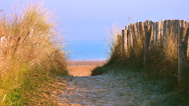 A sandy path leading to a beach with a wooden fence on one side and tall grass on the other. - ibis budget Caen Centre Gare (Caen)