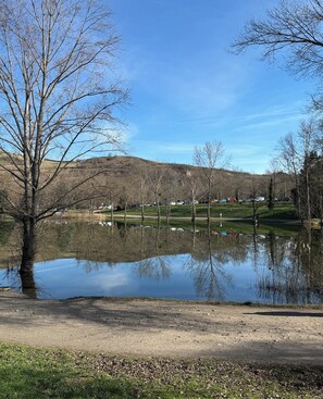 A lake with a tree in the foreground, a clear sky, and a hilly landscape in the background. - ibis budget Issoire (Issoire)
