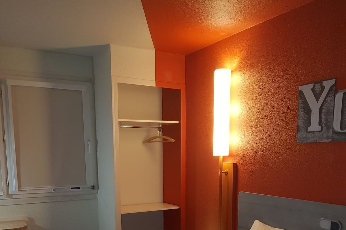 Individually decorated, desk, laptop workspace, blackout curtains