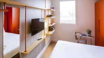 Desk, blackout drapes, soundproofing, iron/ironing board