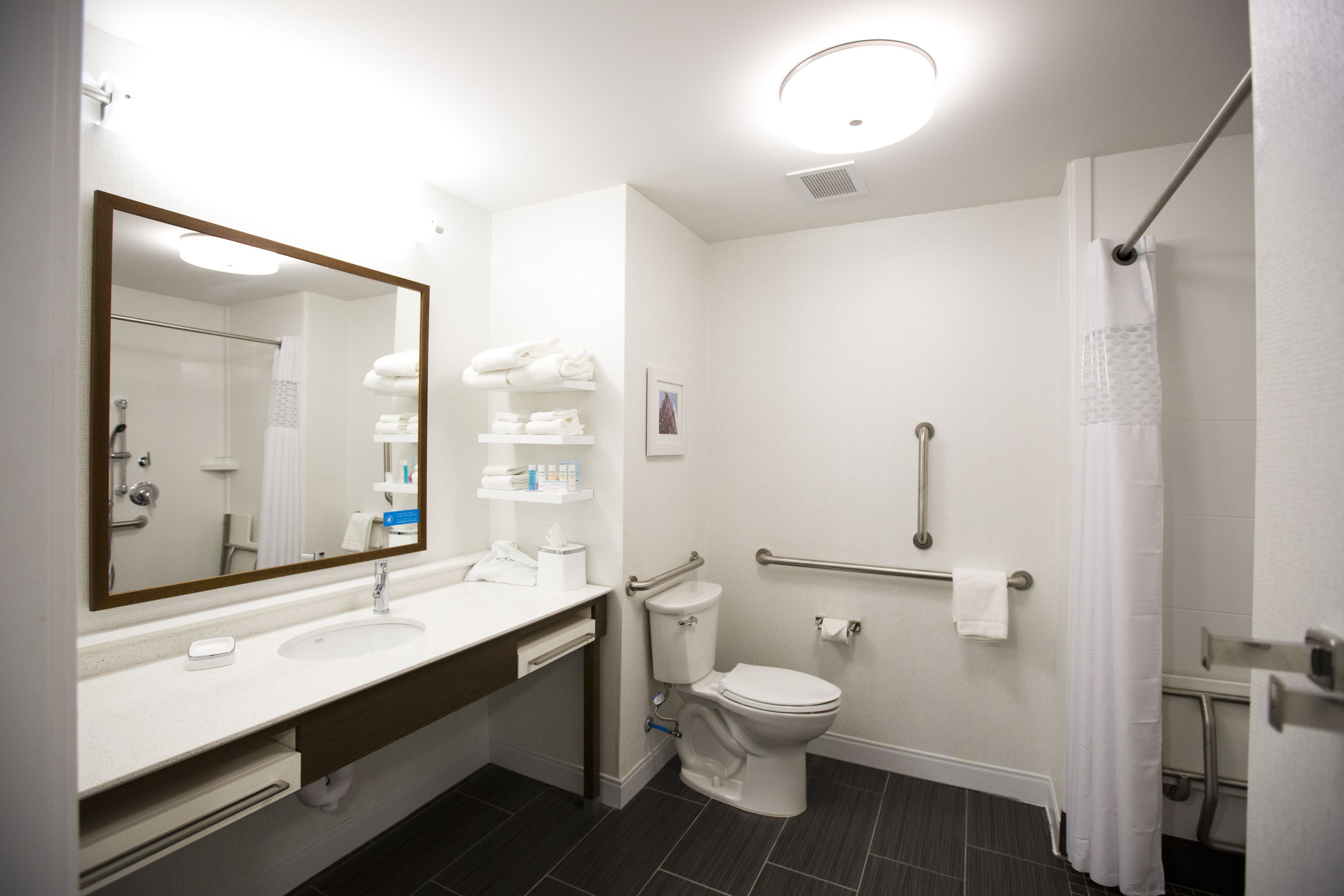 A modern bathroom with a white sink, mirror, and toilet, equipped with a handrail and grab bars for accessibility.
