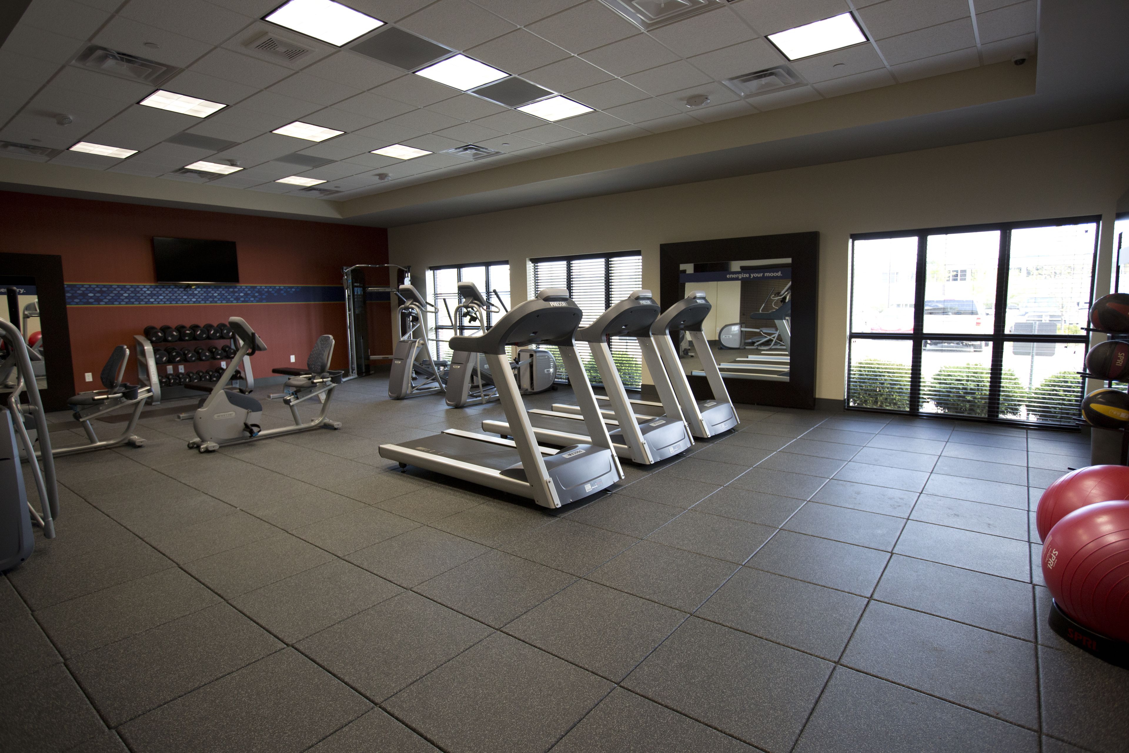 Une salle de sport équipée de tapis de course, d’haltères et de ballons d’exercice.