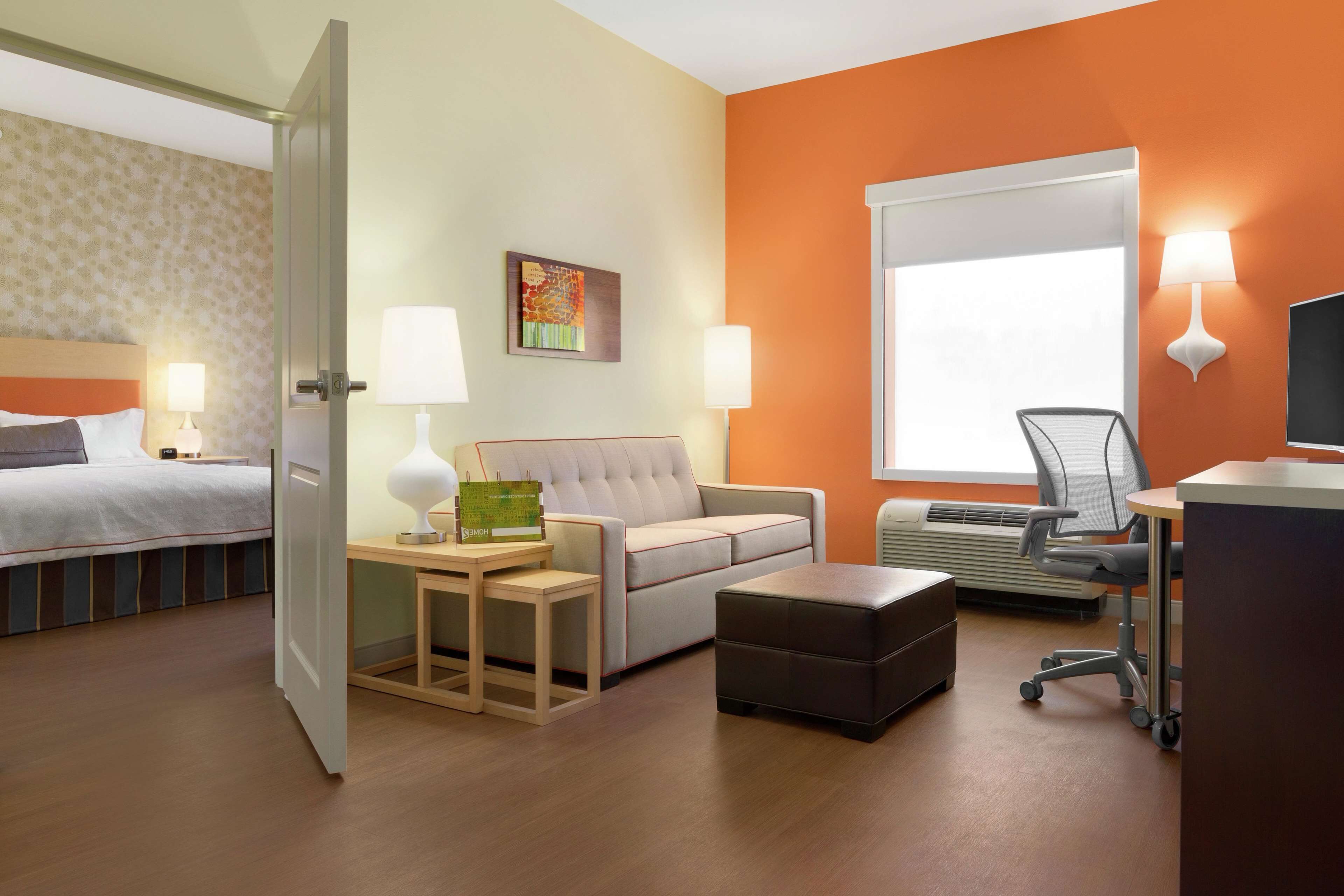 premium bedding, desk, laptop workspace, blackout curtains