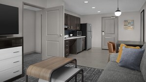 A modern apartment with a kitchen, dining area, and living room.