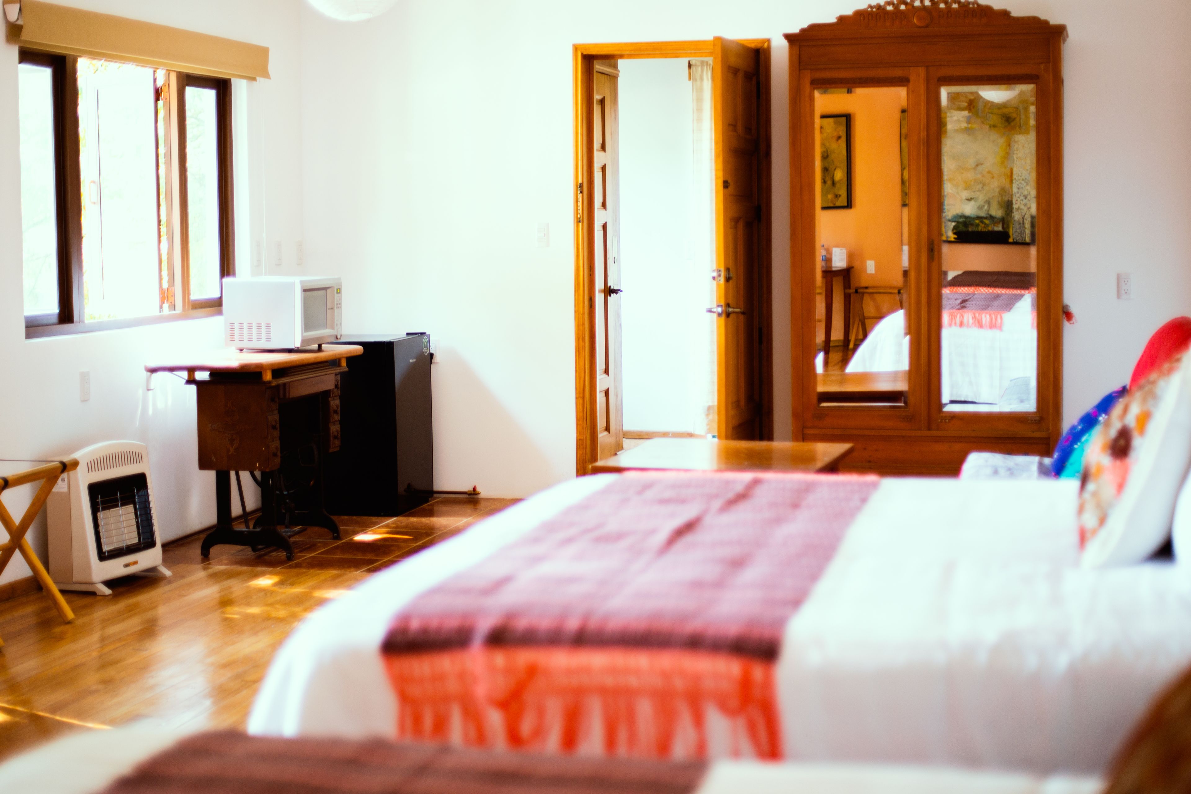 Un dormitorio con cama, escritorio, microondas y calefacción.