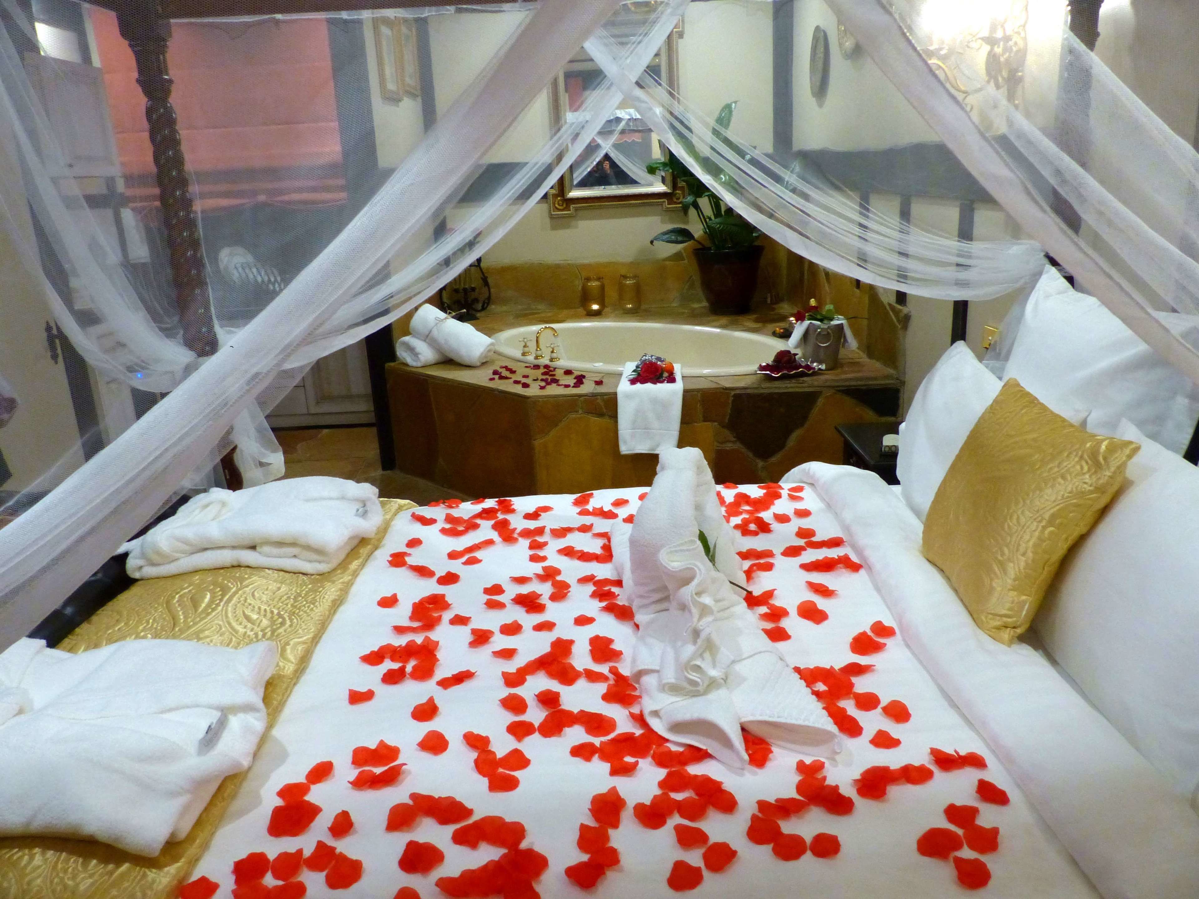 Camera d'hotel con un letto decorato con petali di rosa, una vasca da bagno e una pianta in vaso.
