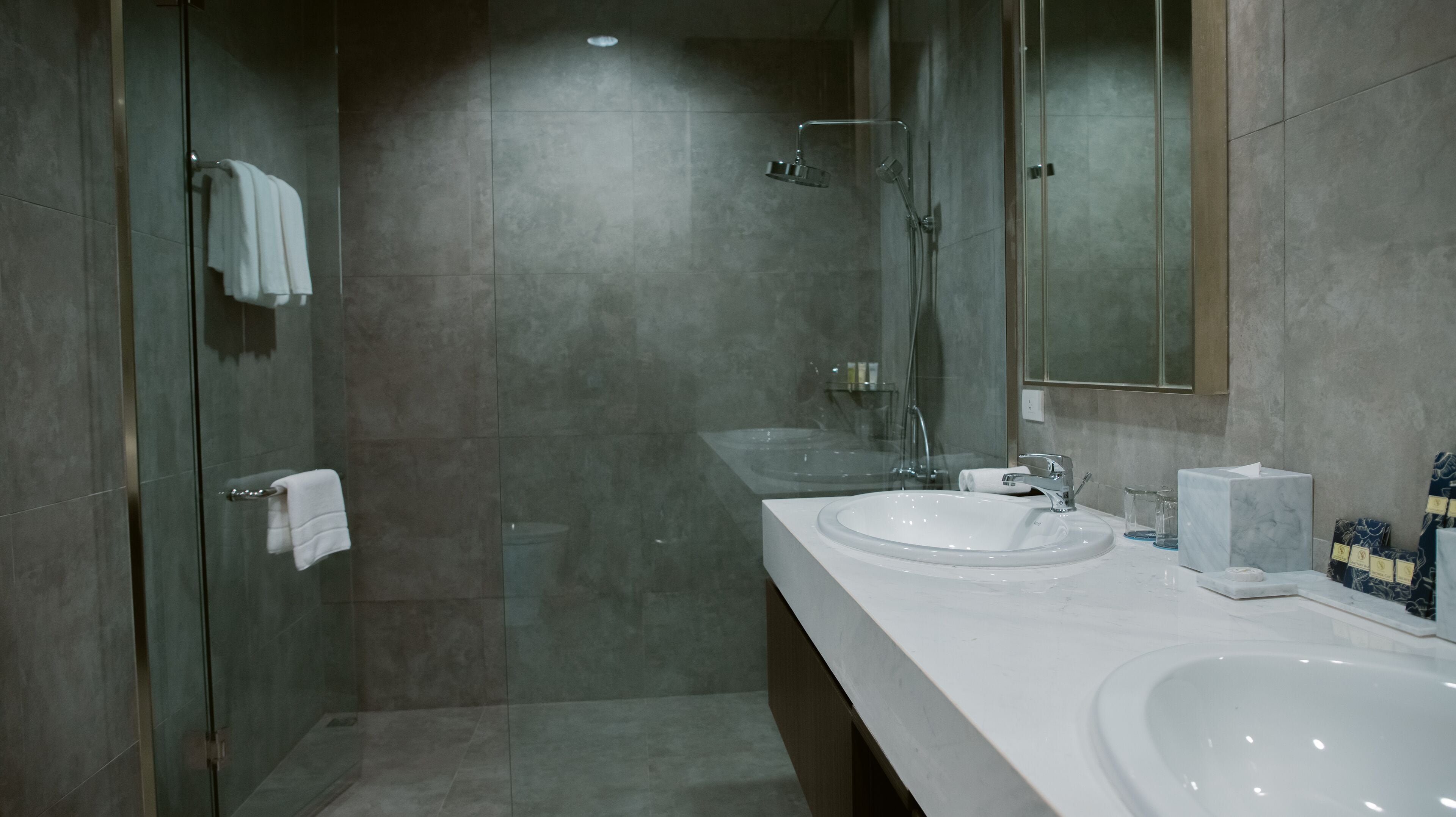 premier studio suite, 1 king bed | bathroom | combined shower/bathtub, rainfall showerhead, free toiletries